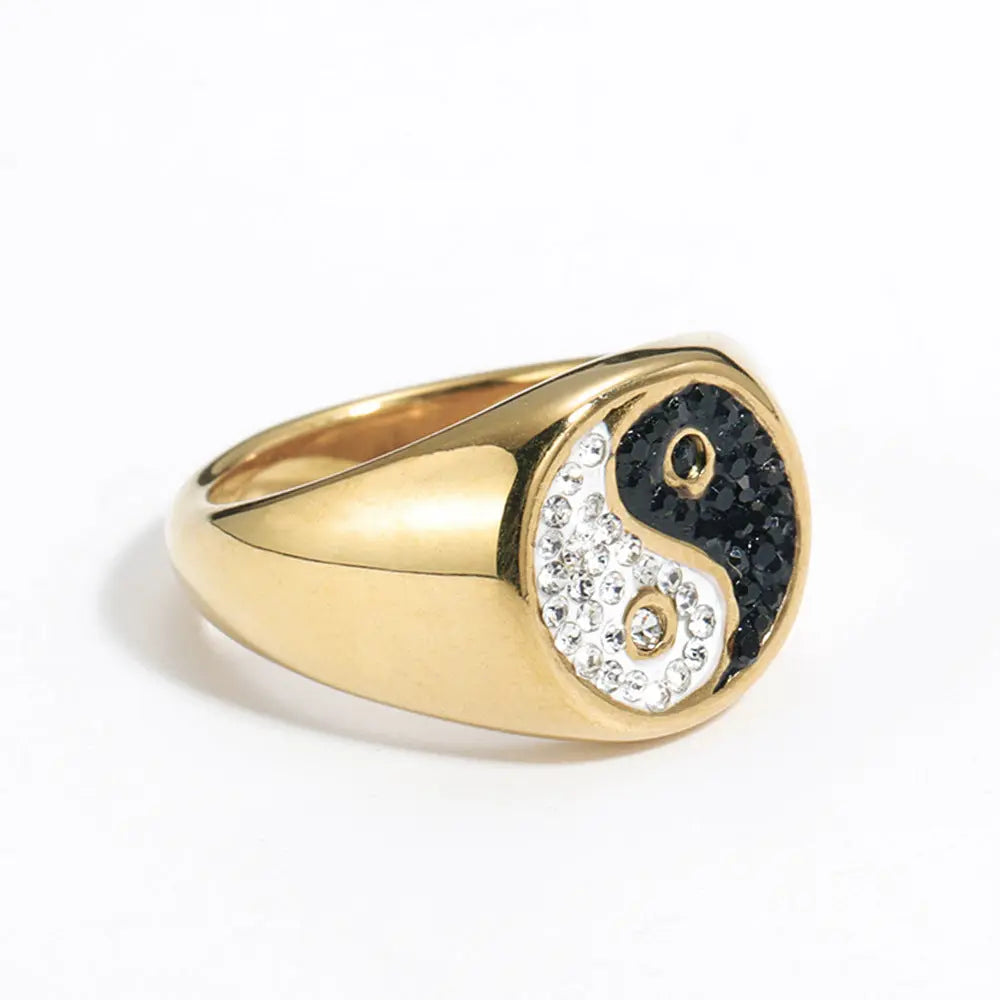 Gemstone Embed YinYang Stainless Steel Ring