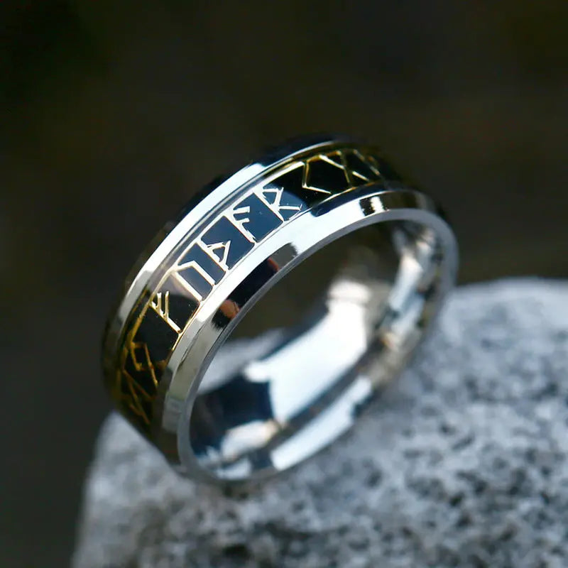 Golden Rune Letter Stainless Steel Ring Band