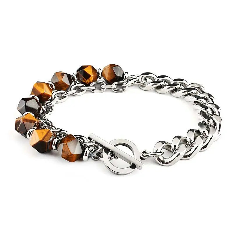 Half Natural Stone Bead Hal Curb Link Bracelet
