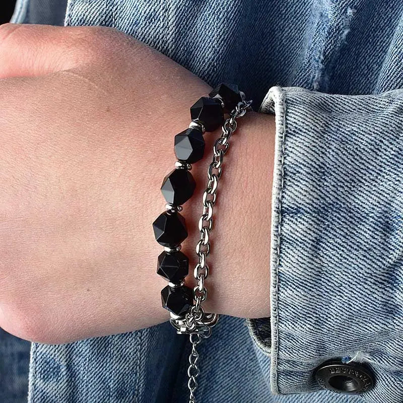 Half Natural Stone Bead Hal Curb Link Bracelet