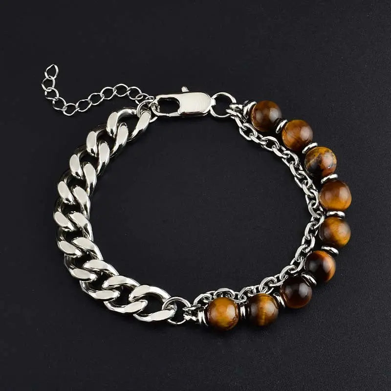 Half Natural Stone Bead Hal Curb Link Bracelet