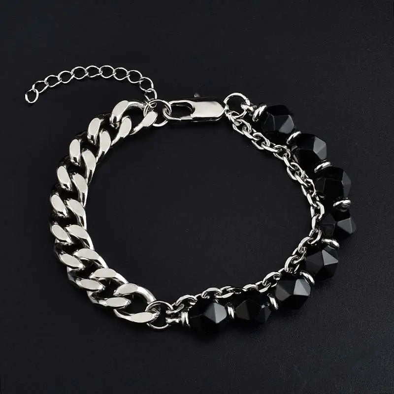 Half Natural Stone Bead Hal Curb Link Bracelet