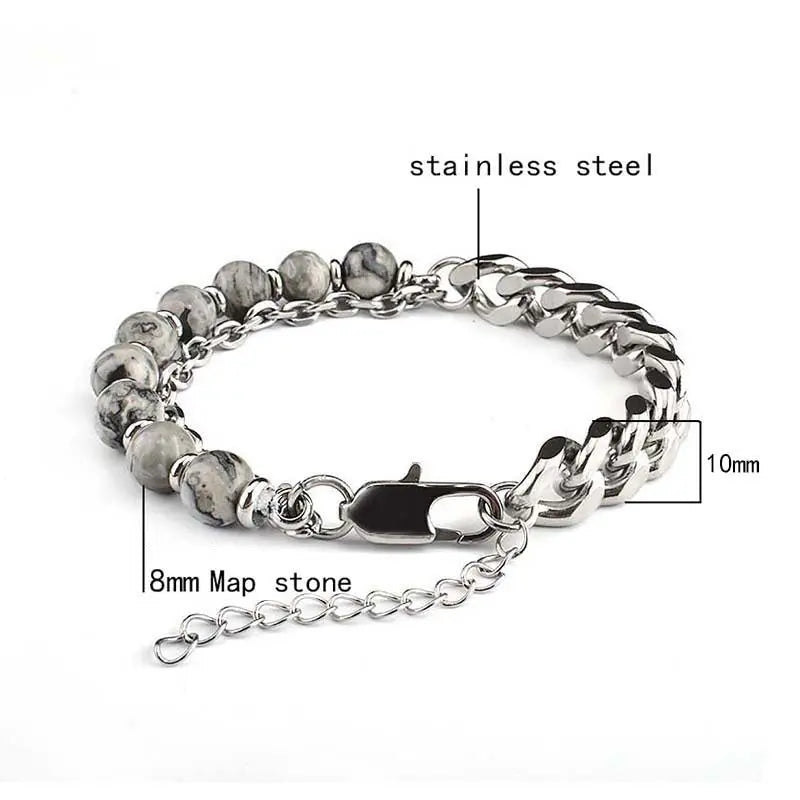 Half Natural Stone Bead Hal Curb Link Bracelet