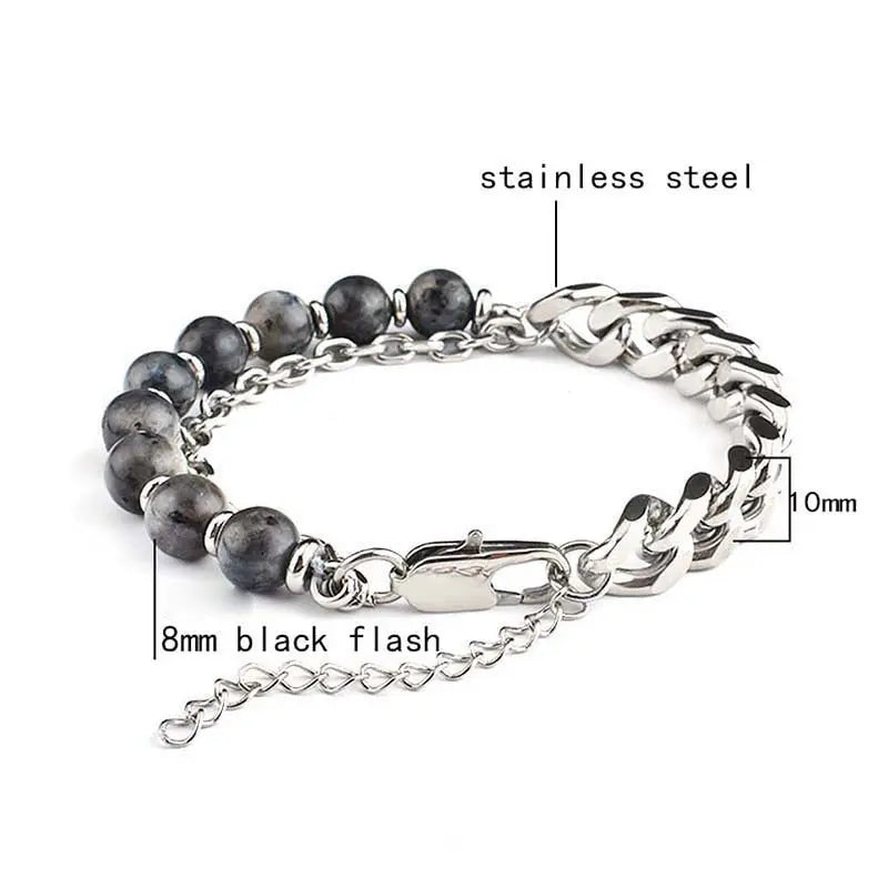 Half Natural Stone Bead Hal Curb Link Bracelet