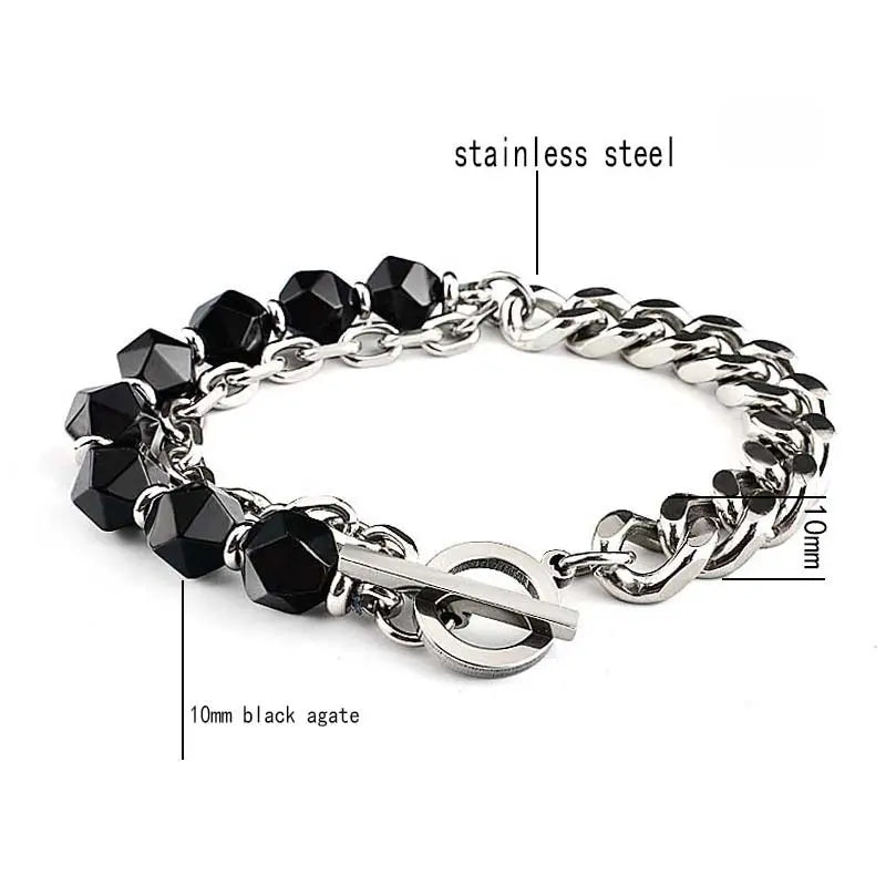 Half Natural Stone Bead Hal Curb Link Bracelet
