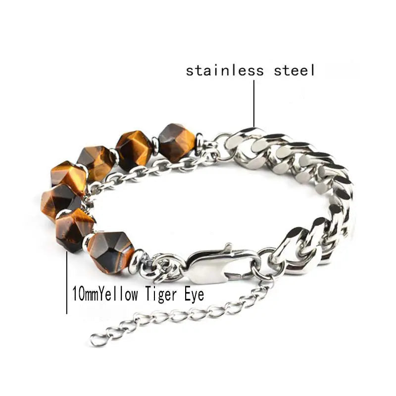 Half Natural Stone Bead Hal Curb Link Bracelet