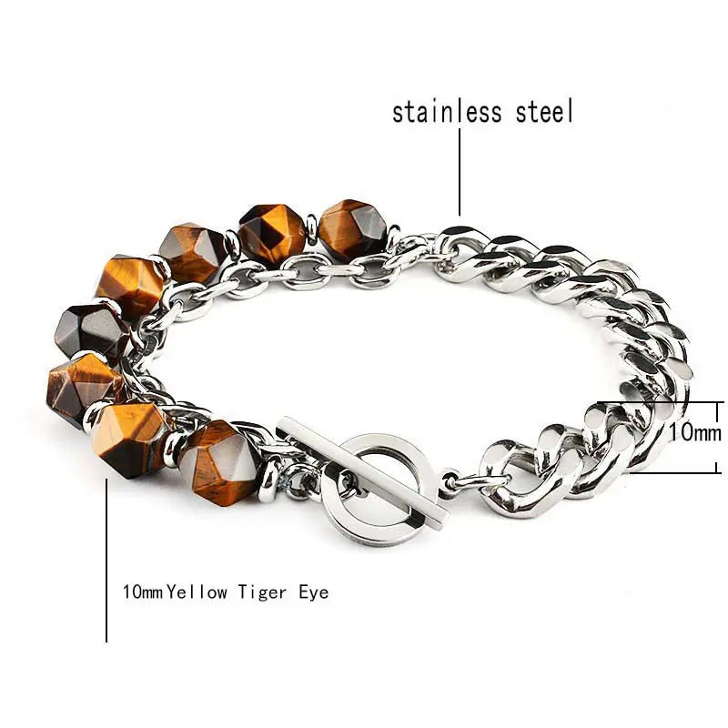 Half Natural Stone Bead Hal Curb Link Bracelet