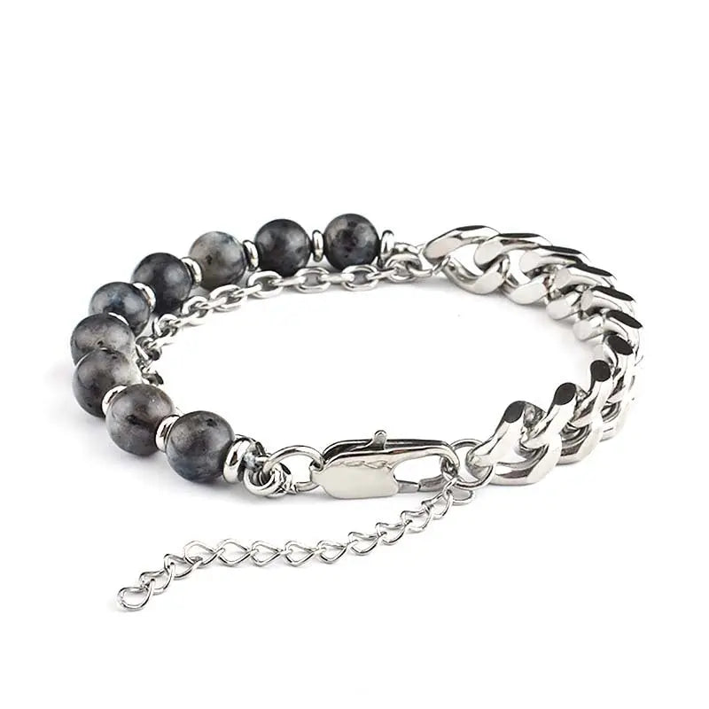 Half Natural Stone Bead Hal Curb Link Bracelet