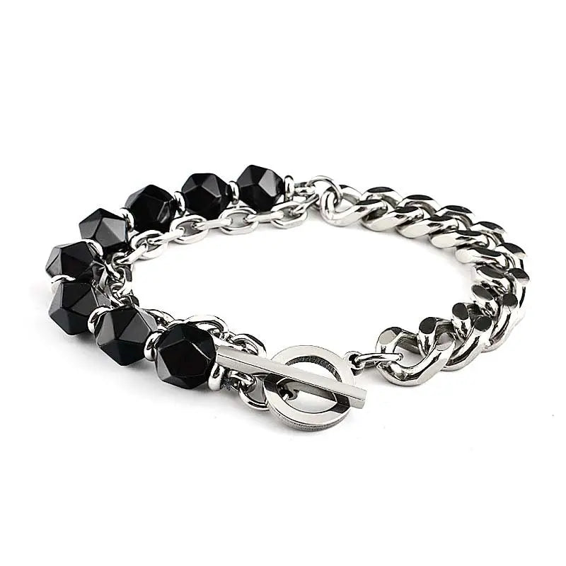 Half Natural Stone Bead Hal Curb Link Bracelet