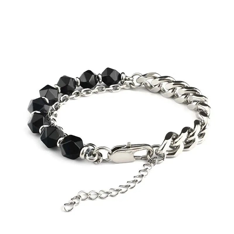 Half Natural Stone Bead Hal Curb Link Bracelet