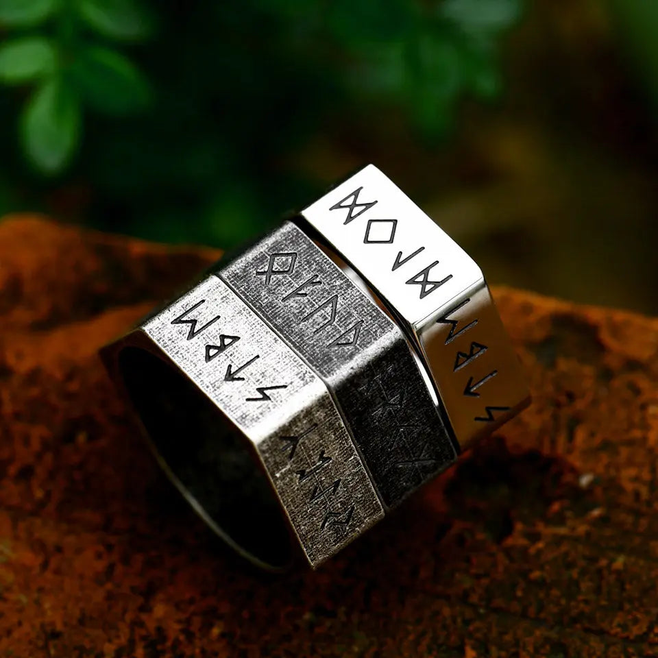 Hexagon Viking Rune Stainless Steel Ring Band