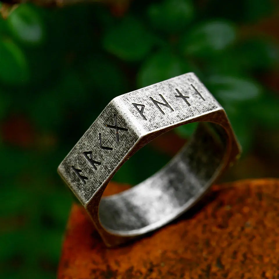 Hexagon Viking Rune Stainless Steel Ring Band