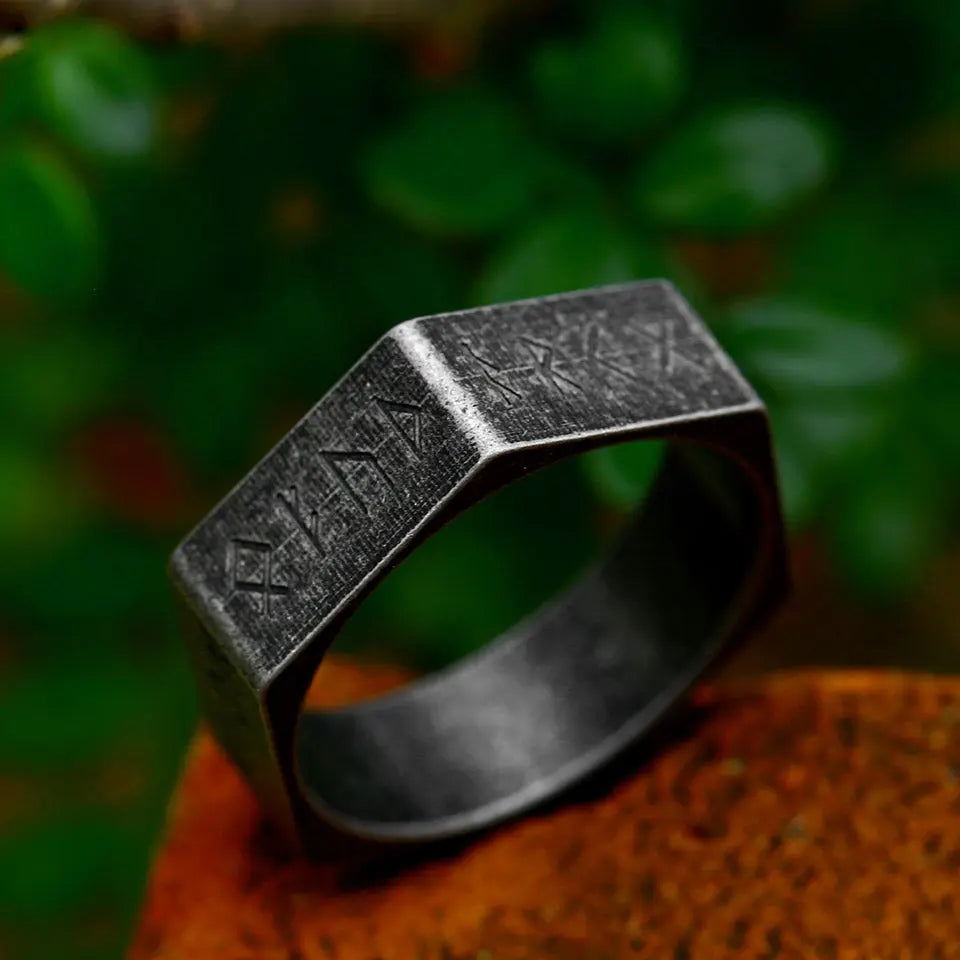 Hexagon Viking Rune Stainless Steel Ring Band
