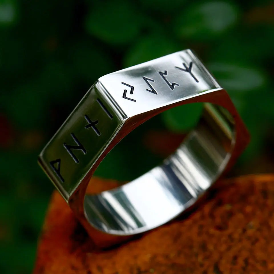 Hexagon Viking Rune Stainless Steel Ring Band