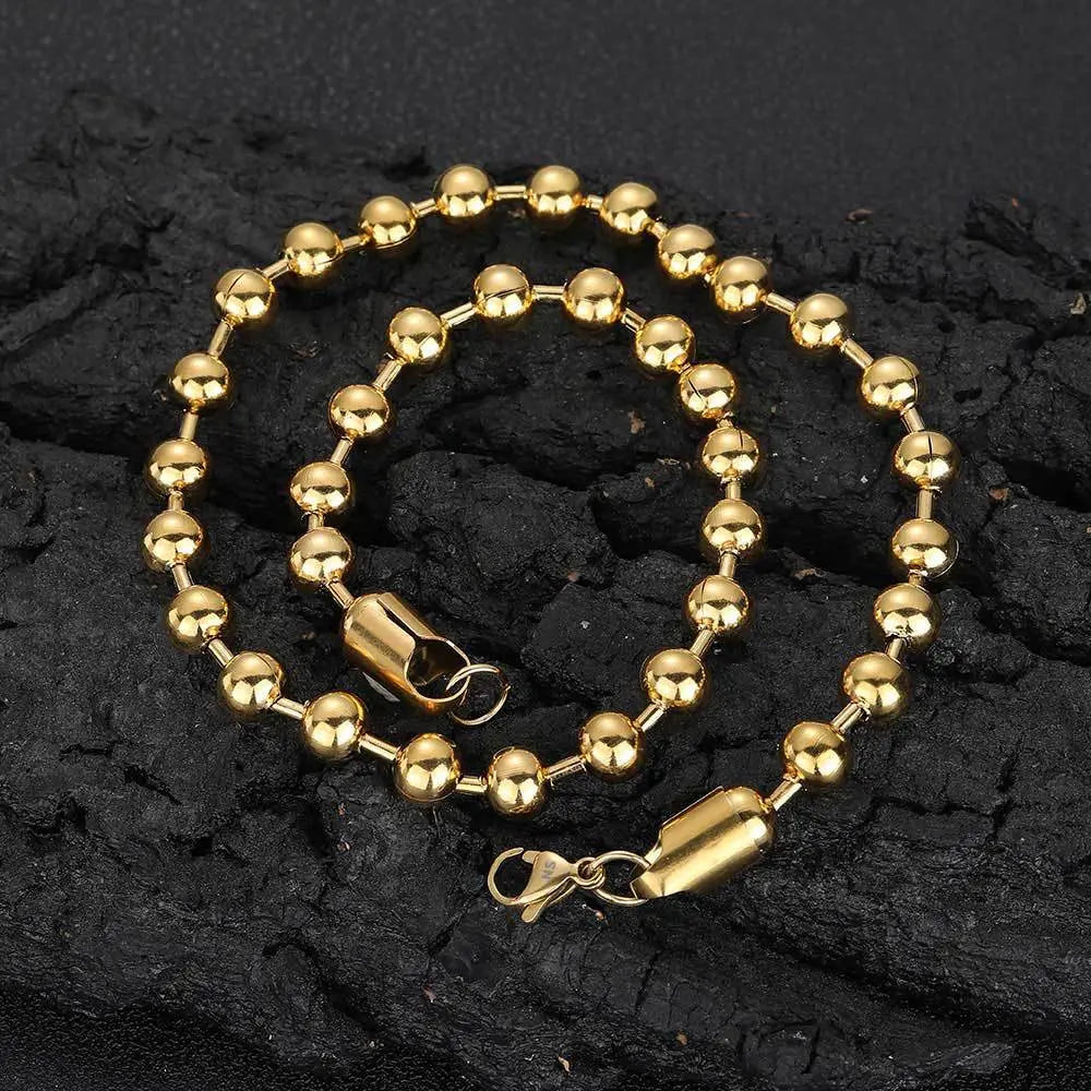 Hip Hop Bead Stainless Steel Chain-Gold