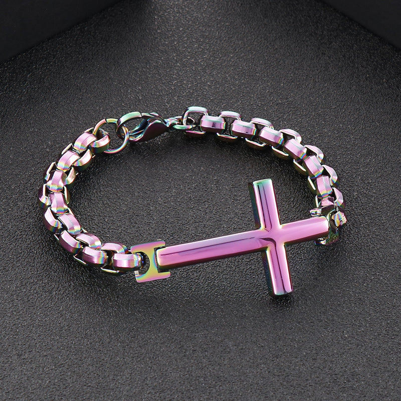 Iridescent Box Chain Cross Bracelet