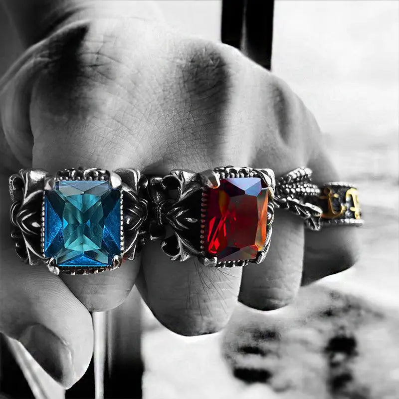Knight Style Gemstone Inlaid Stainless Steel Ring