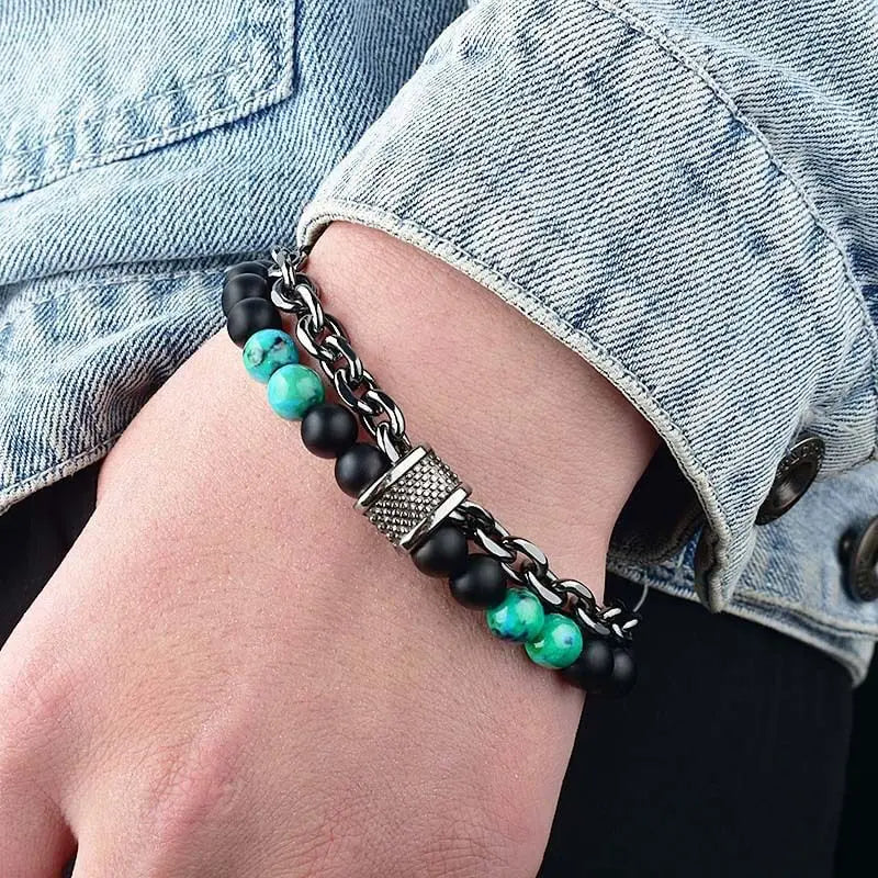 Lapis Frosted Stone Metal Double Layer Bracelet