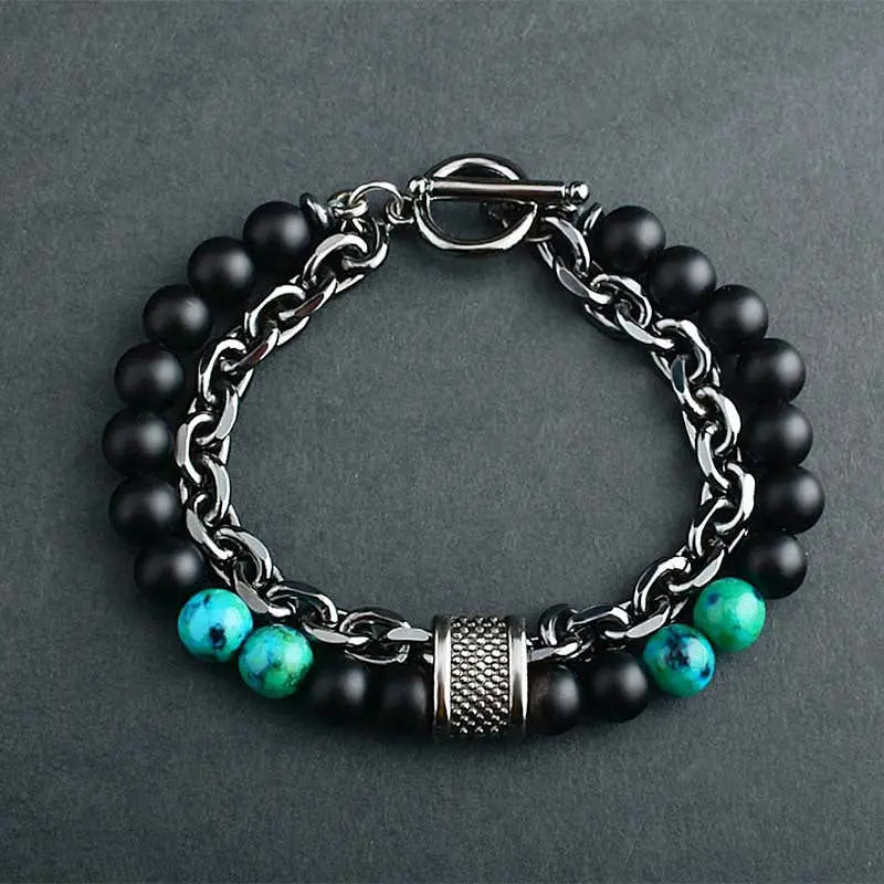 Lapis Frosted Stone Metal Double Layer Bracelet