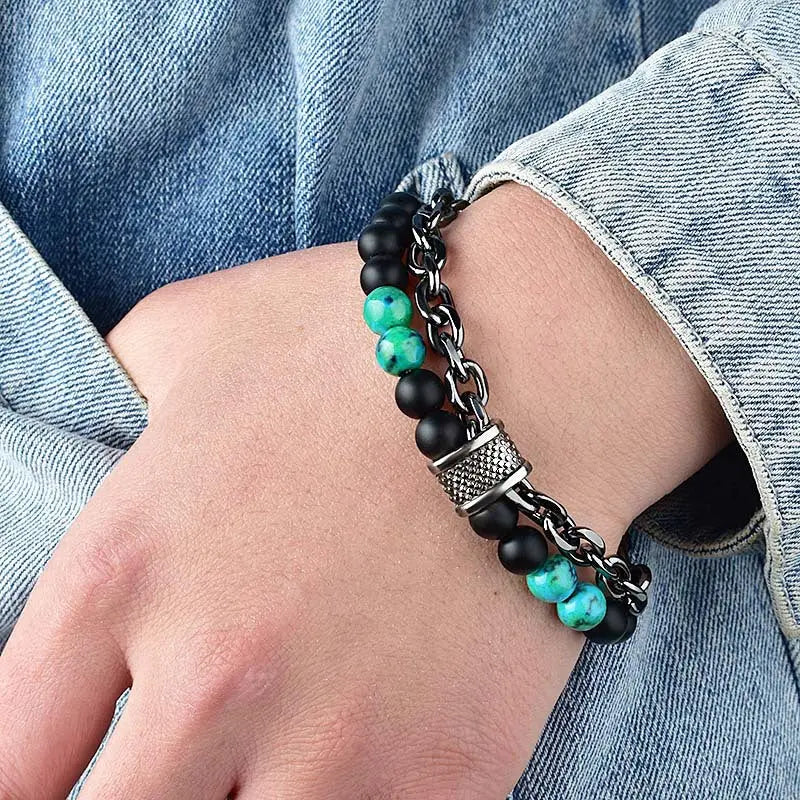 Lapis Frosted Stone Metal Double Layer Bracelet