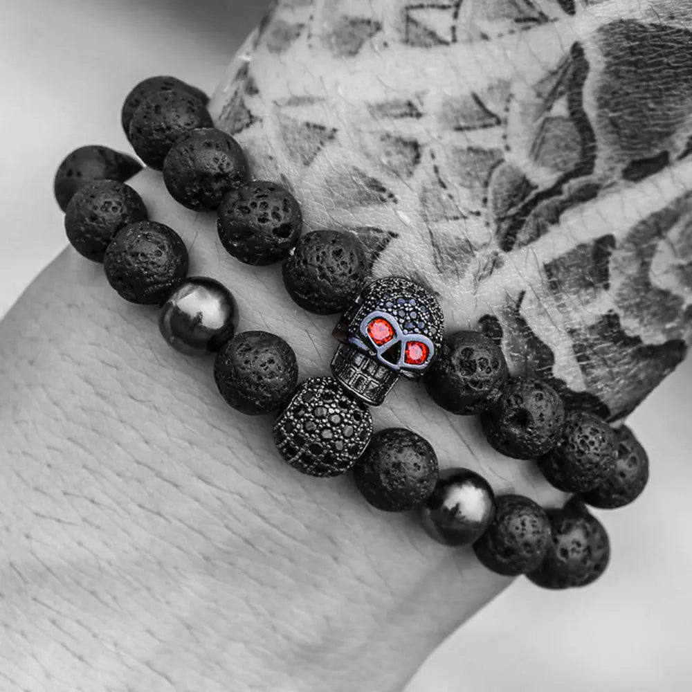 Lava Stone Bead Skull Stretchable Bracelet