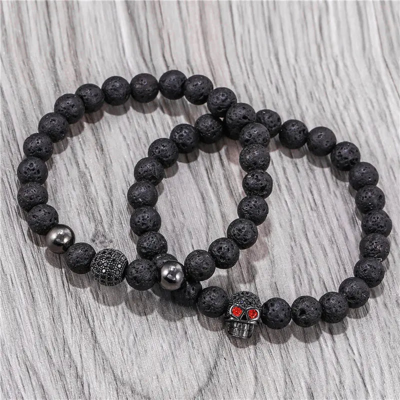 Lava Stone Bead Skull Stretchable Bracelet