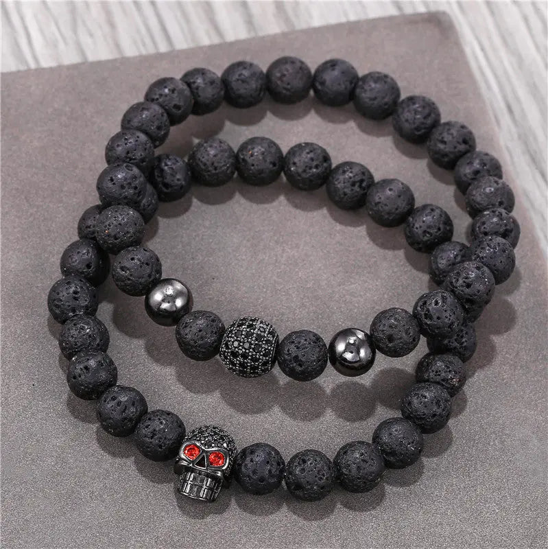 Lava Stone Bead Skull Stretchable Bracelet