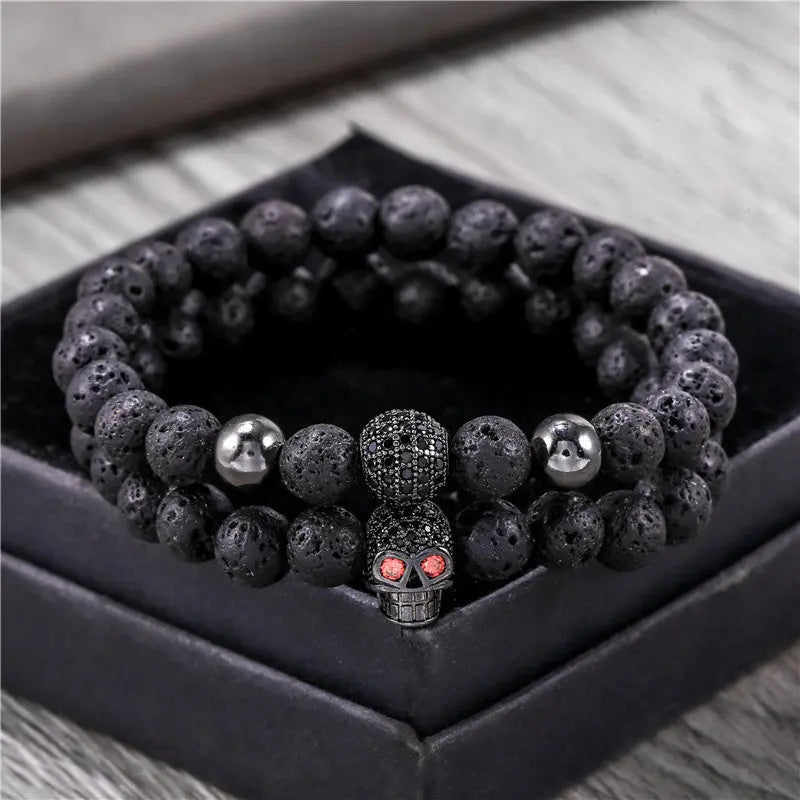 Lava Stone Bead Skull Stretchable Bracelet