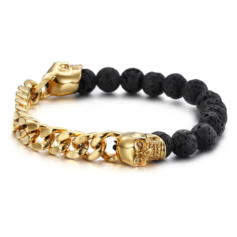 Lava Stone Round Bead Skull Bracelet