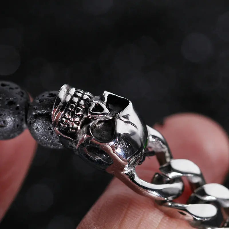 Lava Stone Round Bead Skull Bracelet