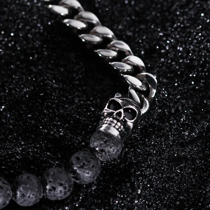 Lava Stone Round Bead Skull Bracelet