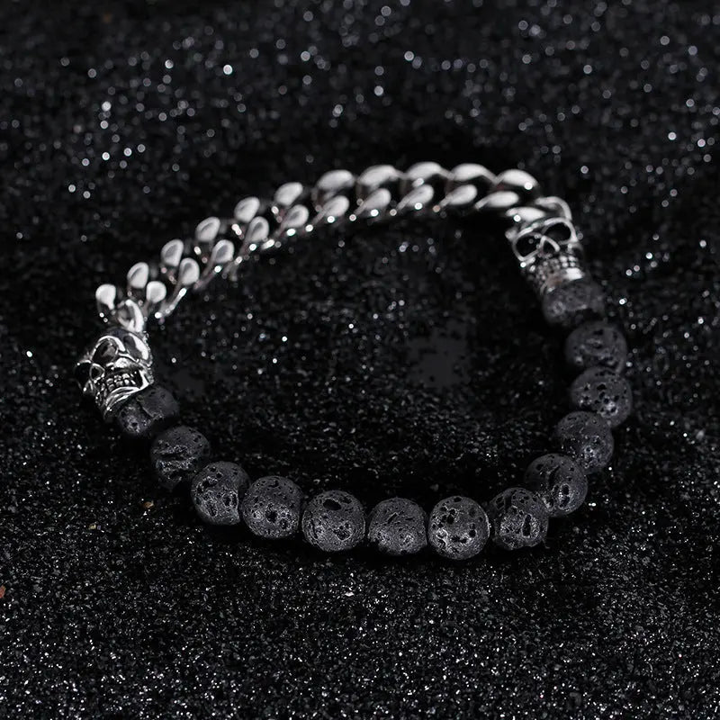 Lava Stone Round Bead Skull Bracelet