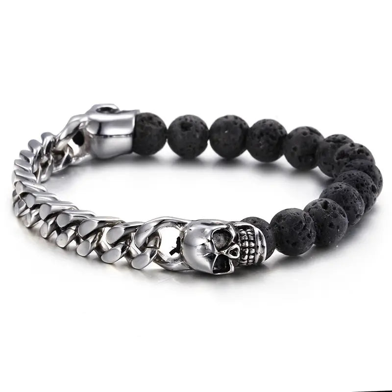 Lava Stone Round Bead Skull Bracelet