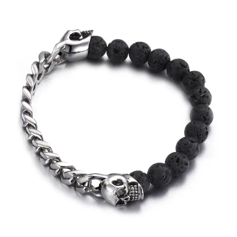 Lava Stone Round Bead Skull Bracelet