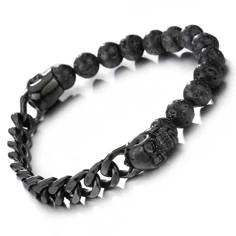 Lava Stone Round Bead Skull Bracelet
