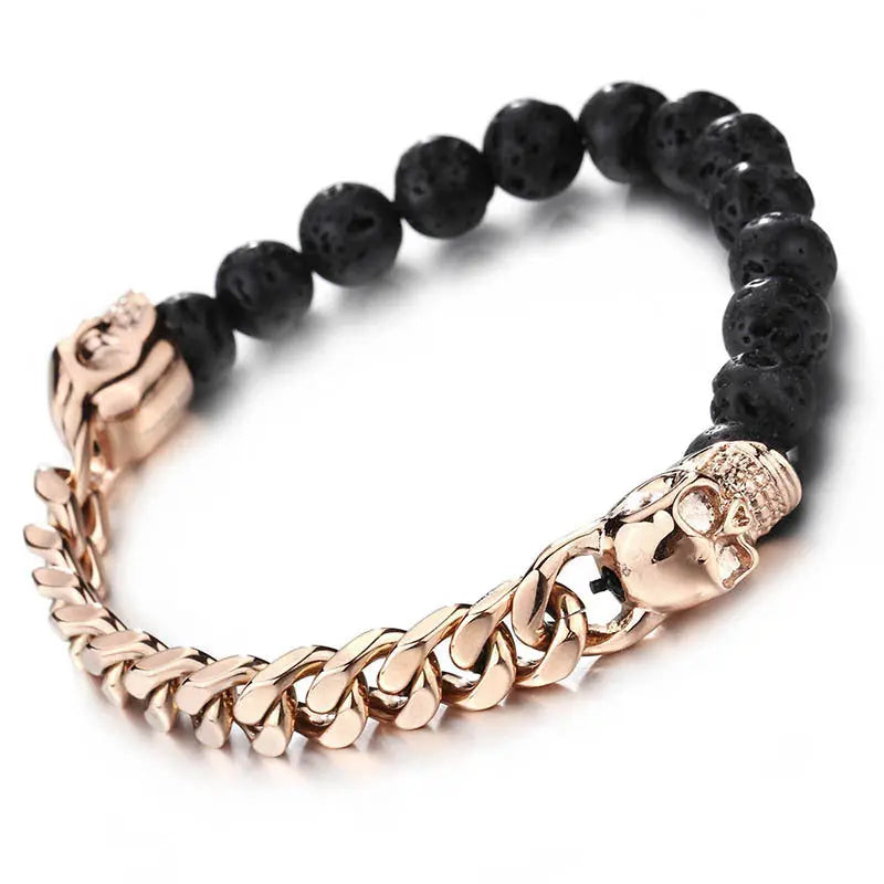 Lava Stone Round Bead Skull Bracelet