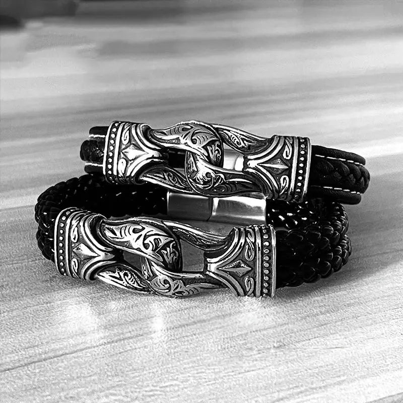 Leather Braided Viking Clasp Bracelet