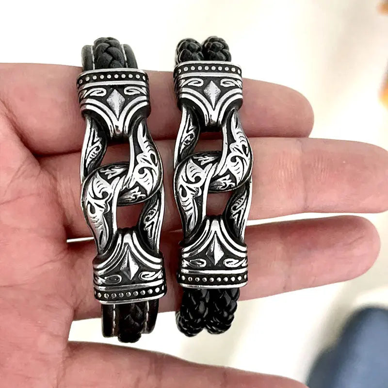 Leather Braided Viking Clasp Bracelet