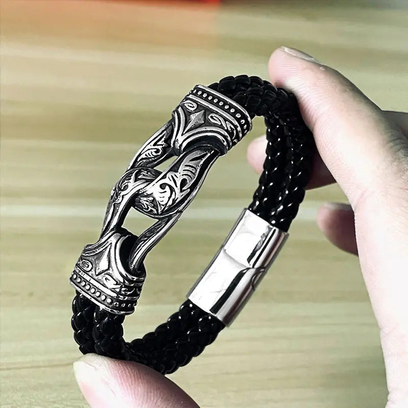 Leather Braided Viking Clasp Bracelet