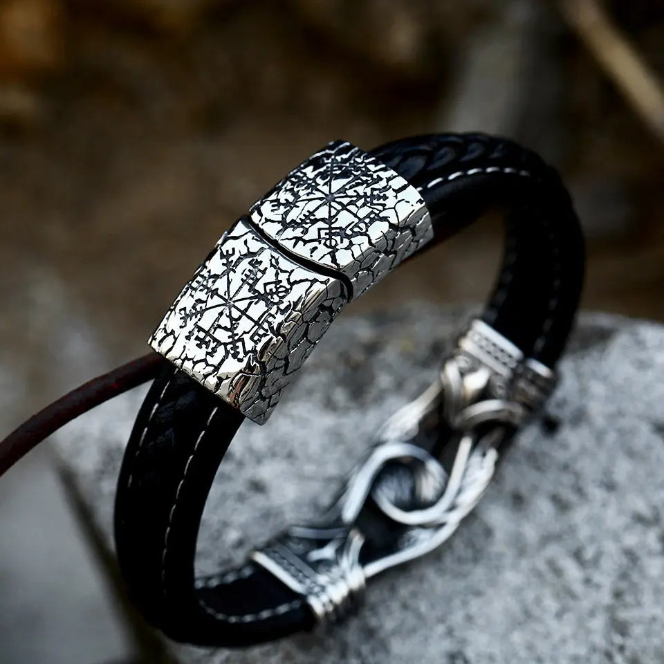 Leather Braided Viking Vegvísir Stainless Steel bracelet