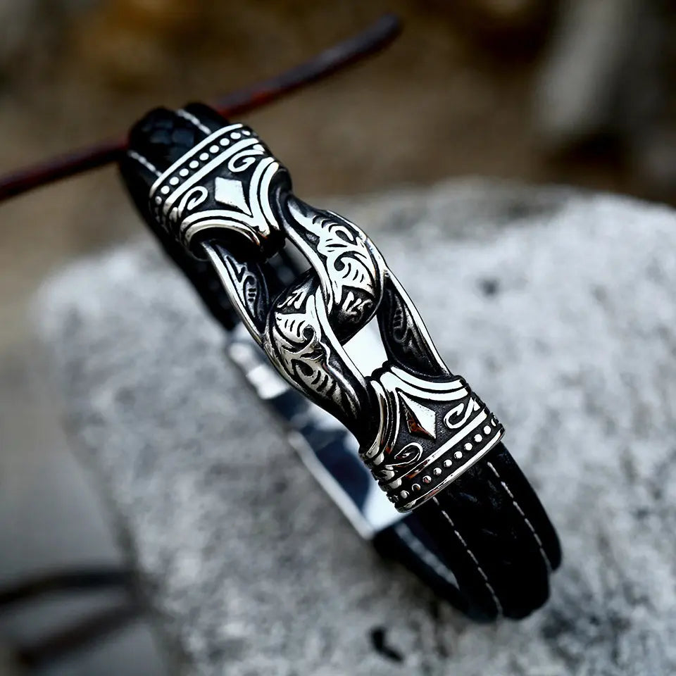 Leather Braided Viking Vegvísir Stainless Steel bracelet