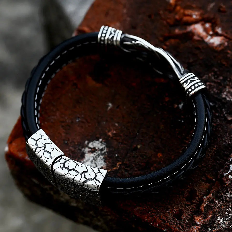 Leather Braided Viking Vegvísir Stainless Steel bracelet