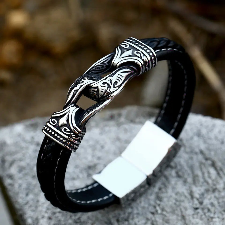 Leather Braided Viking Vegvísir Stainless Steel bracelet