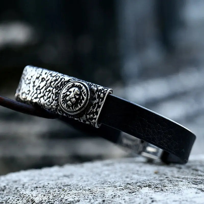Leather Lion Stainless Steel Bracelet
