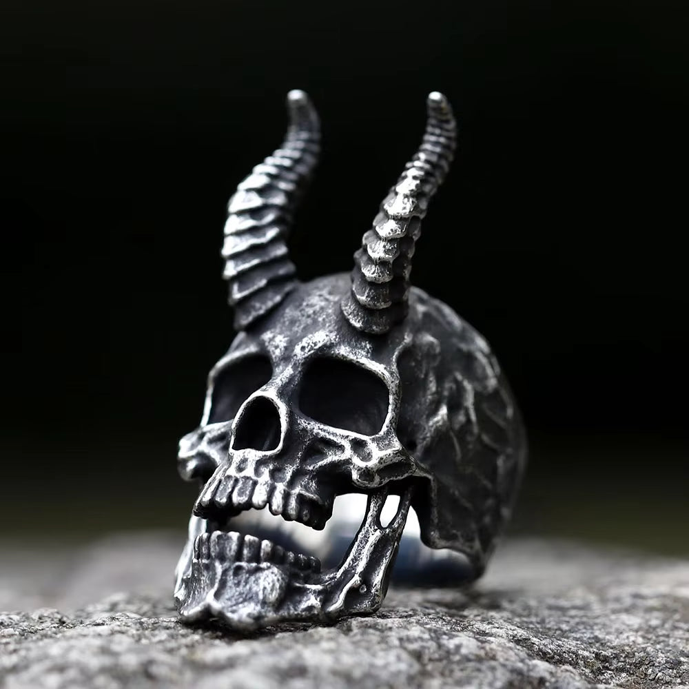 Horned Demon Skull Gothic Stainless Steel Ring