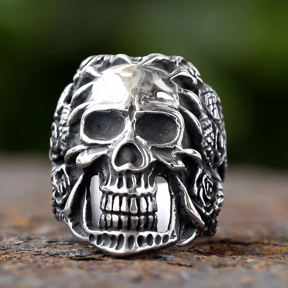 Snake & Rose Entwined Skull Gothic Stainless Steel Ring