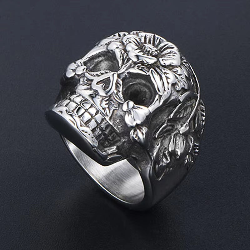 Floral Sugar Skull Gothic Stainless Steel Ring