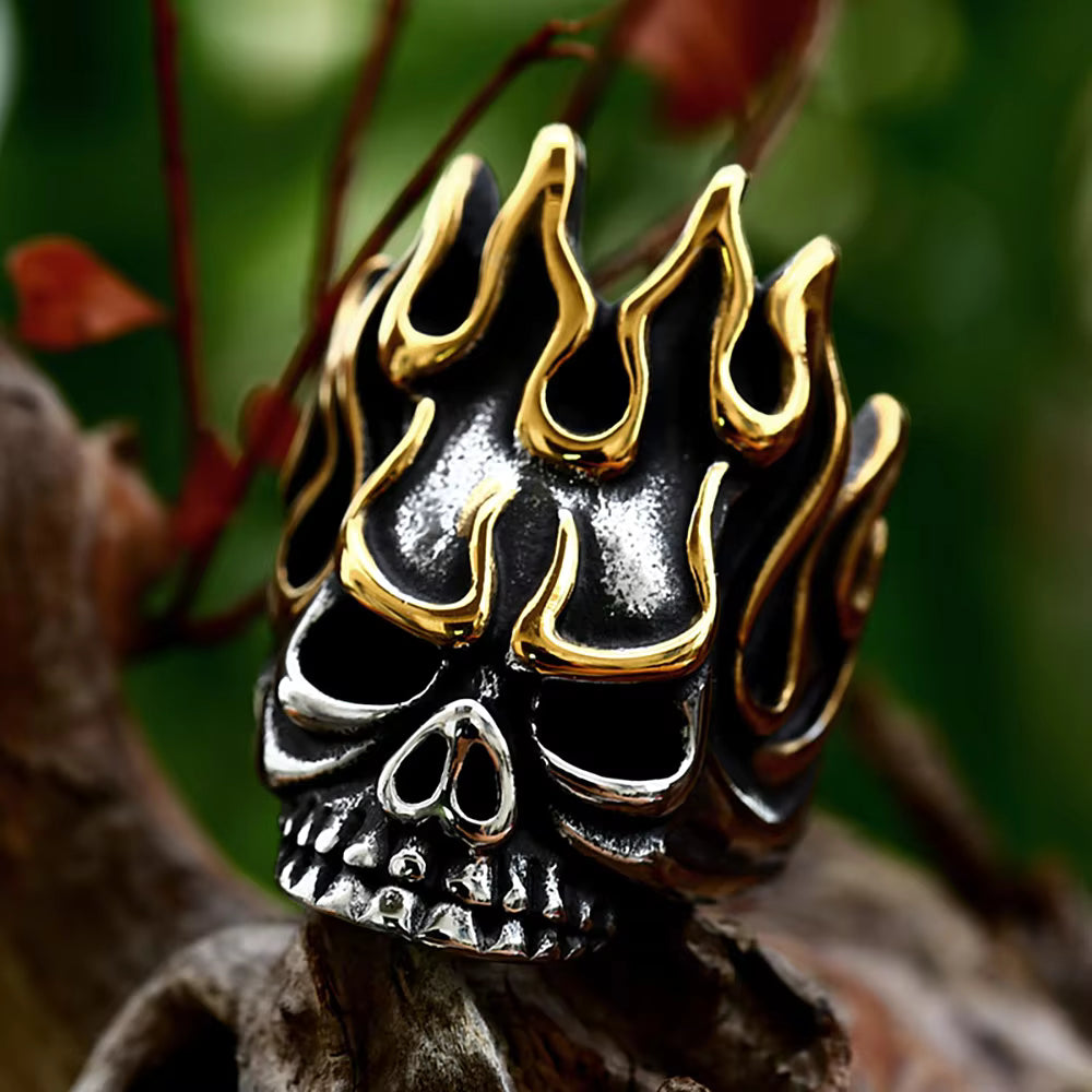Golden Flame Skull Gothic Stainless Steel Ring