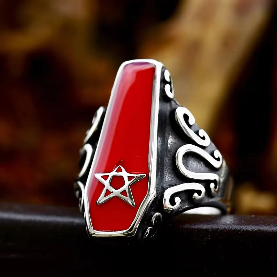 Red Enamel Coffin Pentagram Gothic Stainless Steel Ring