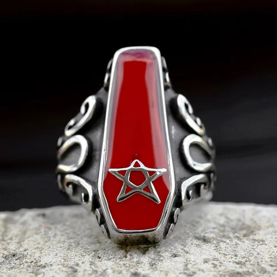 Red Enamel Coffin Pentagram Gothic Stainless Steel Ring
